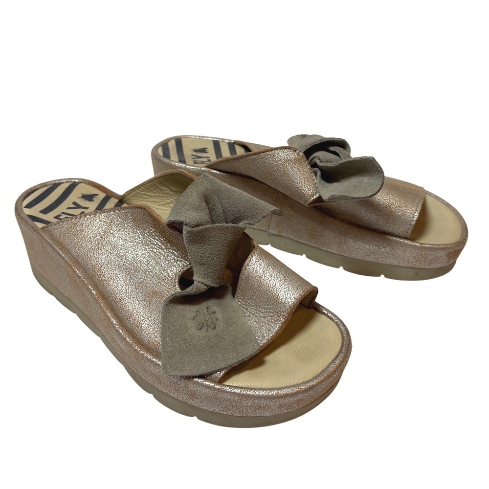 Fly London Rose Gold Metallic Leather Platform Slide Sandals Suede Knot Mules 38